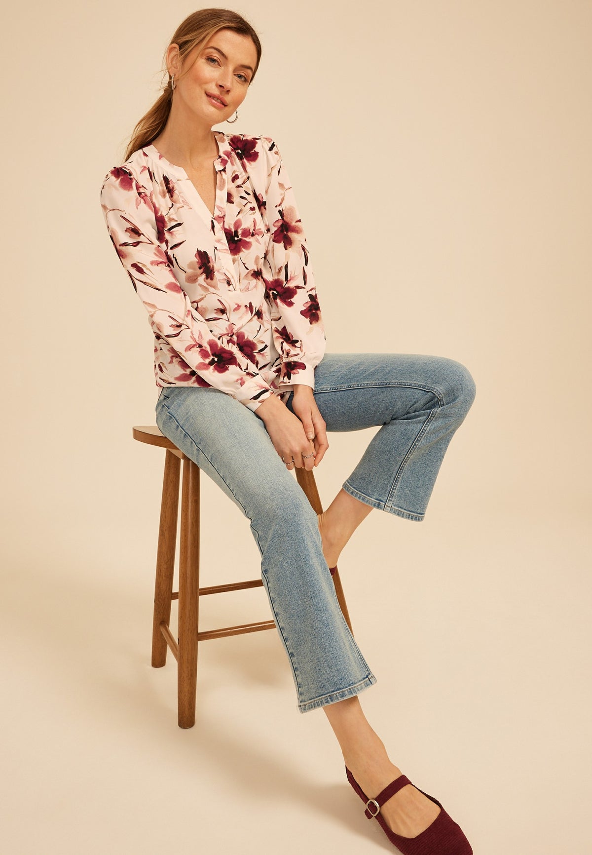Floral Split V Neck Blouse