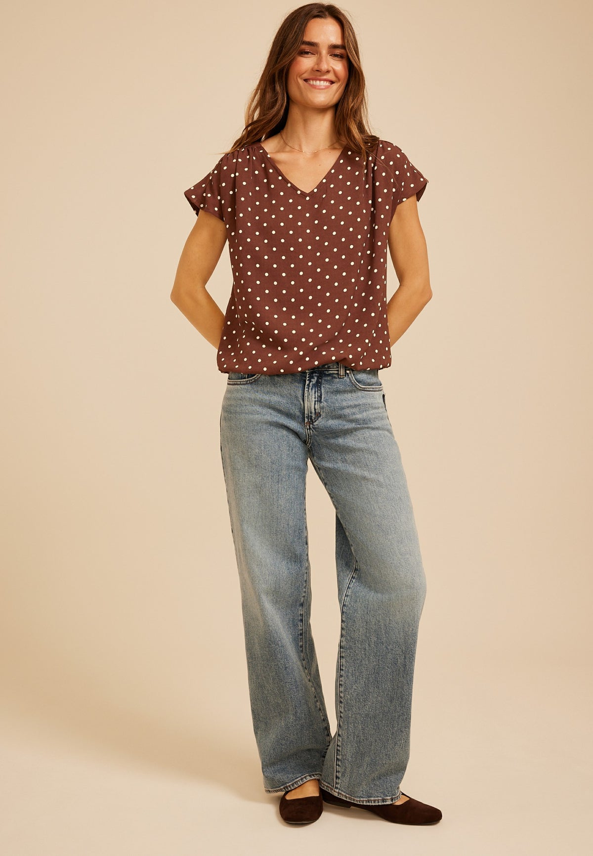Polka Dot Dolman Short Sleeve Blouse