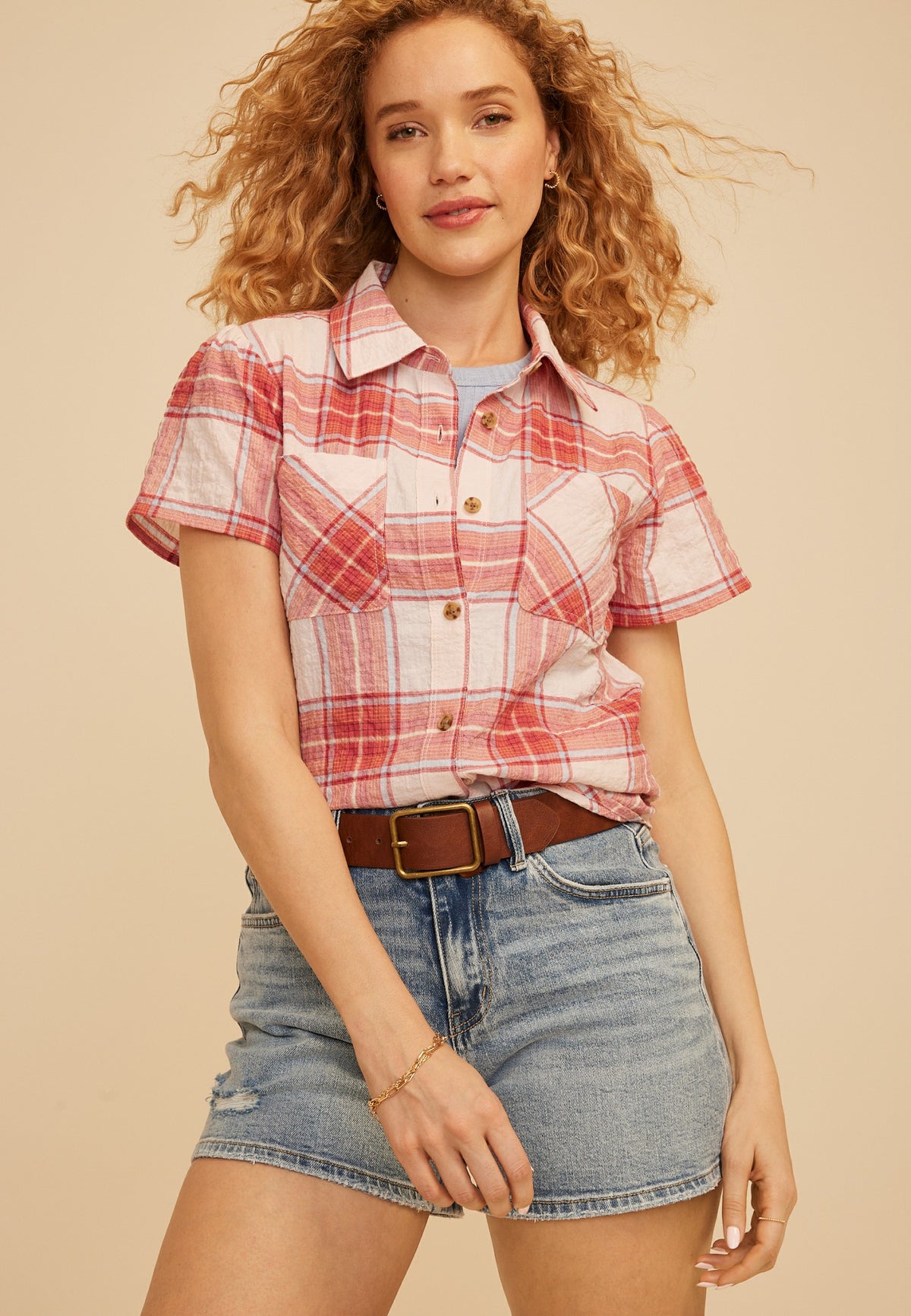 Red Plaid Short Sleeve Button Down Shirt