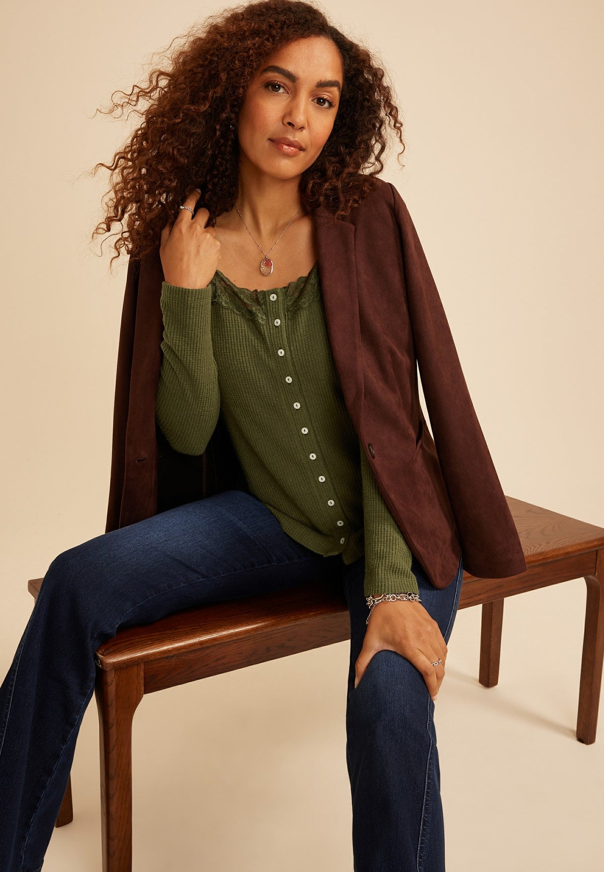 Lace Inset Waffle Knit Button Front Top
