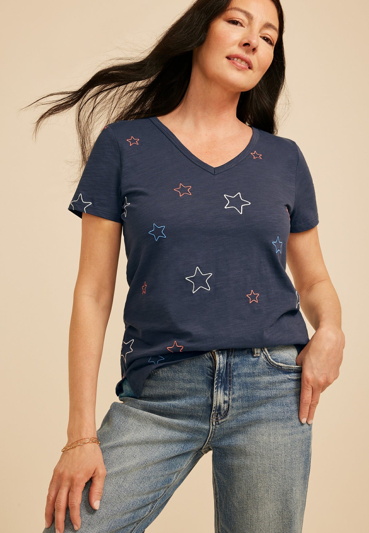 24/7 Dawson Americana Embroidered Star V Neck Tee