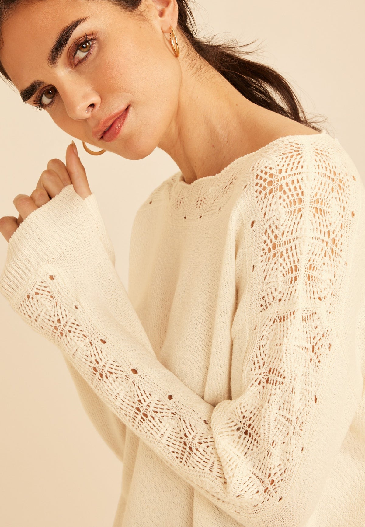 Lace Pointelle Trim Boat Neck Sweater