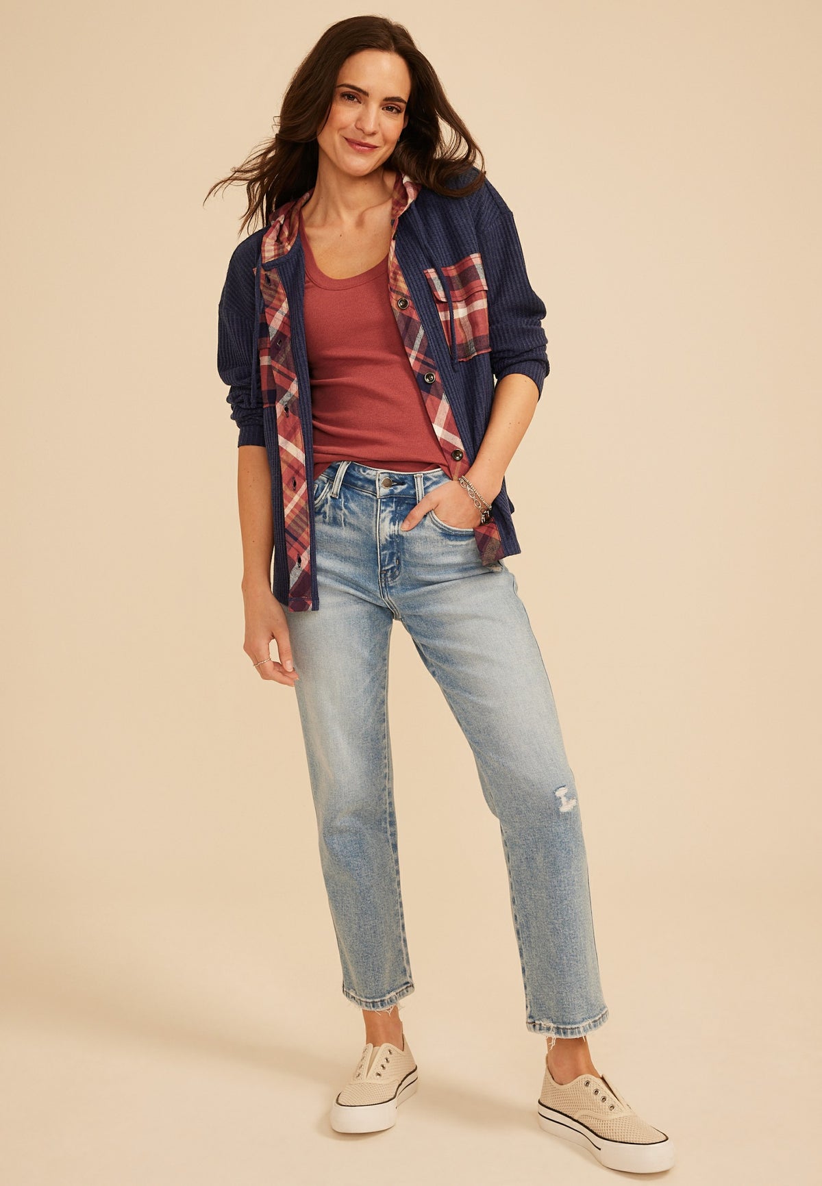 Plaid Hood Waffle Knit Shacket