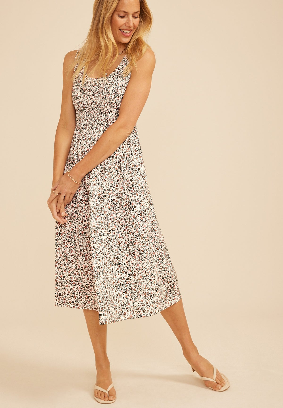Bare Scoop Neck Smocked Midi Dress