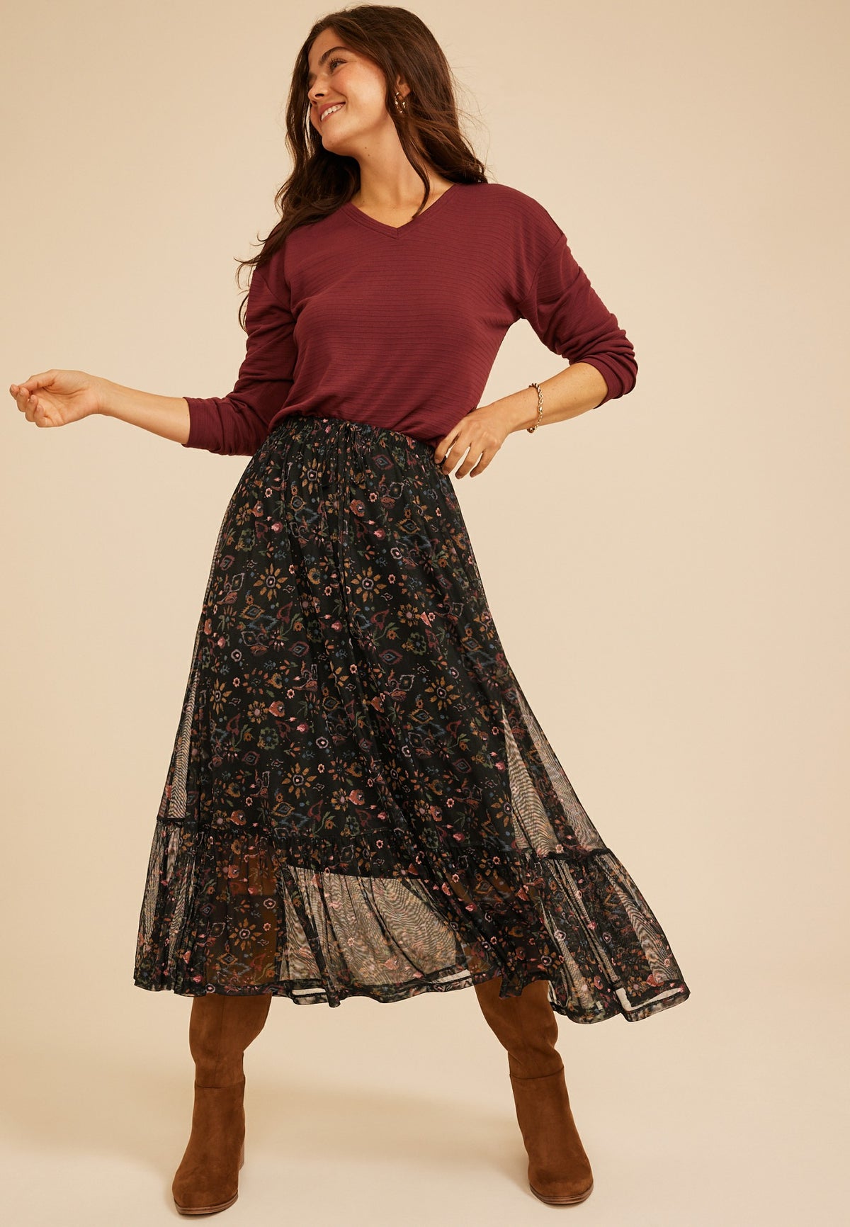 Printed High Rise Mesh Maxi Skirt