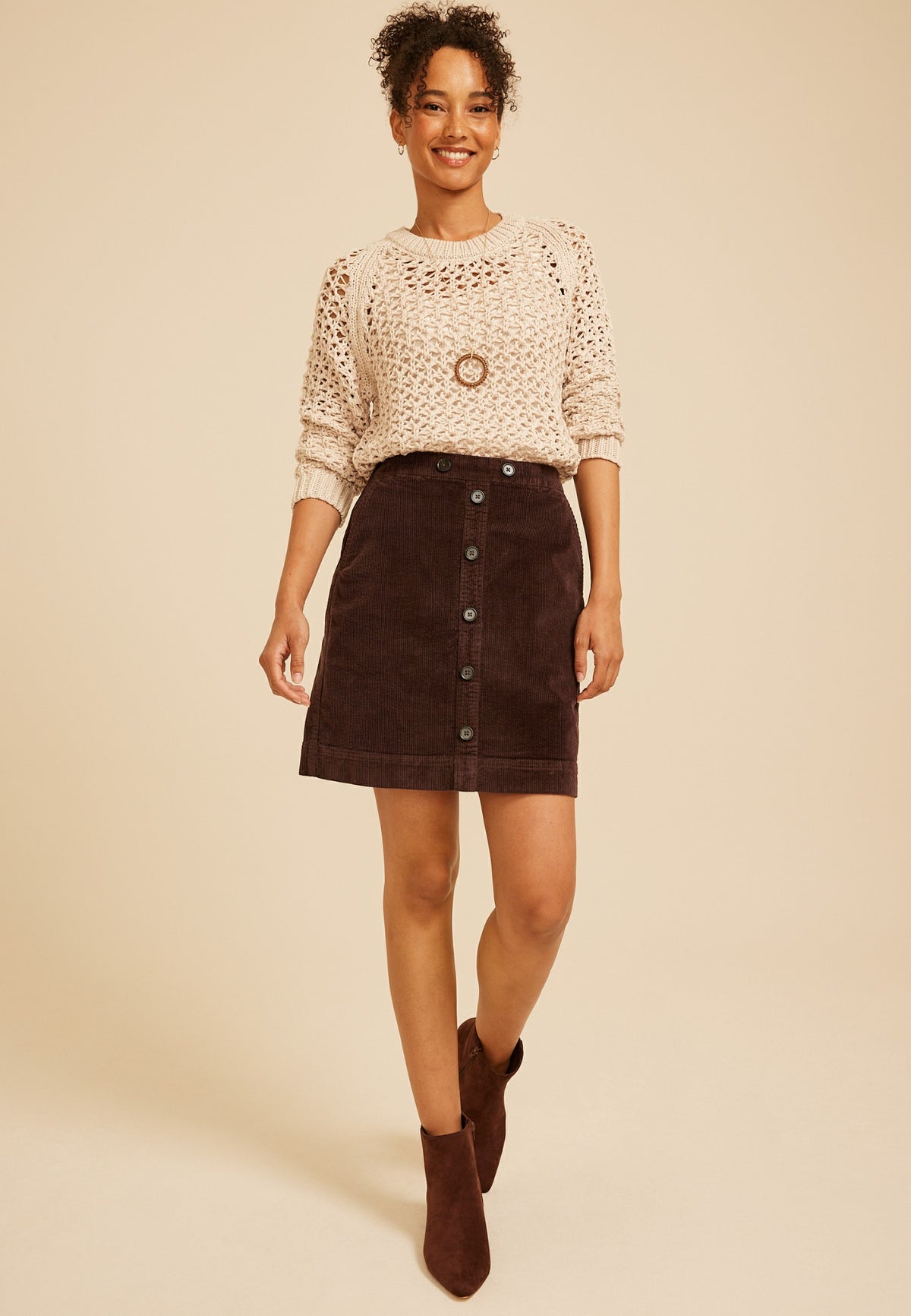 High Rise Faux Button Front Corduroy Skirt