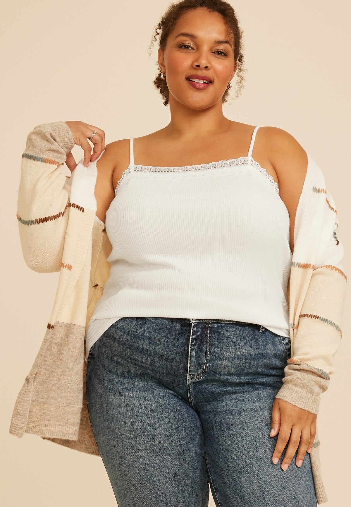 Plus Size Square Neck Lace Trim Rib Cami