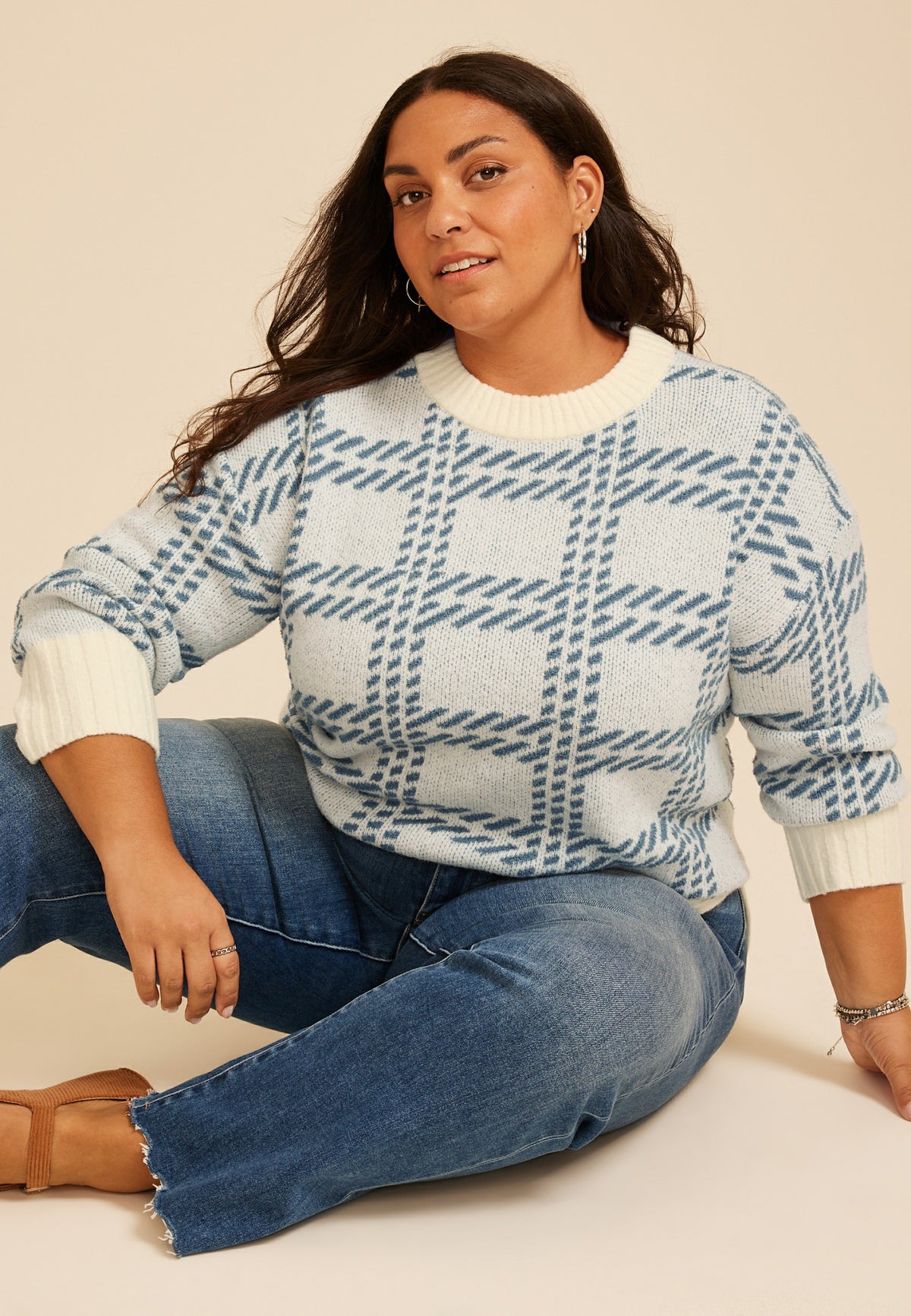 Plus Size Plaid Crew Neck Sweater