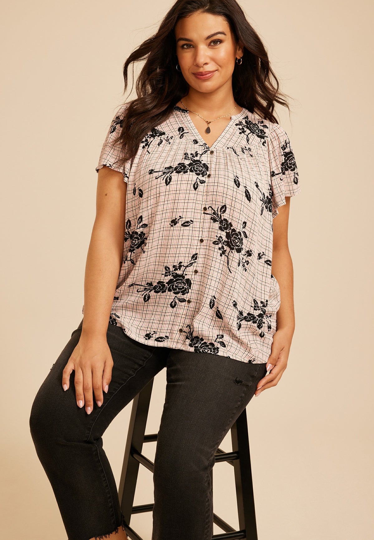 Plus Size Floral Plaid Flutter Sleeve Blouse
