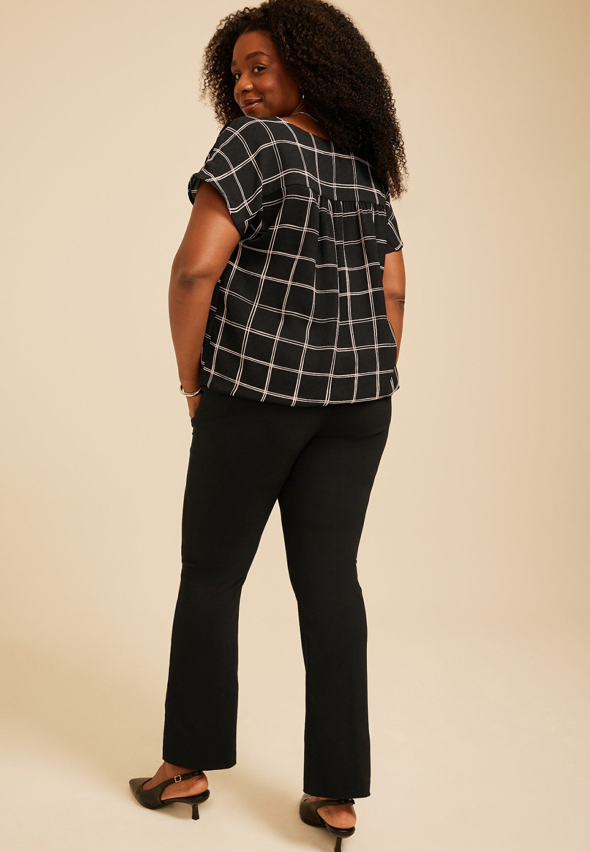 Plus Size Windowpane Plaid Dolman Short Sleeve Blouse