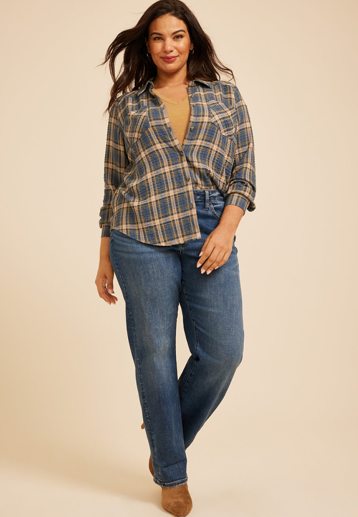 Plus Size Pucker Plaid Button Down Shirt