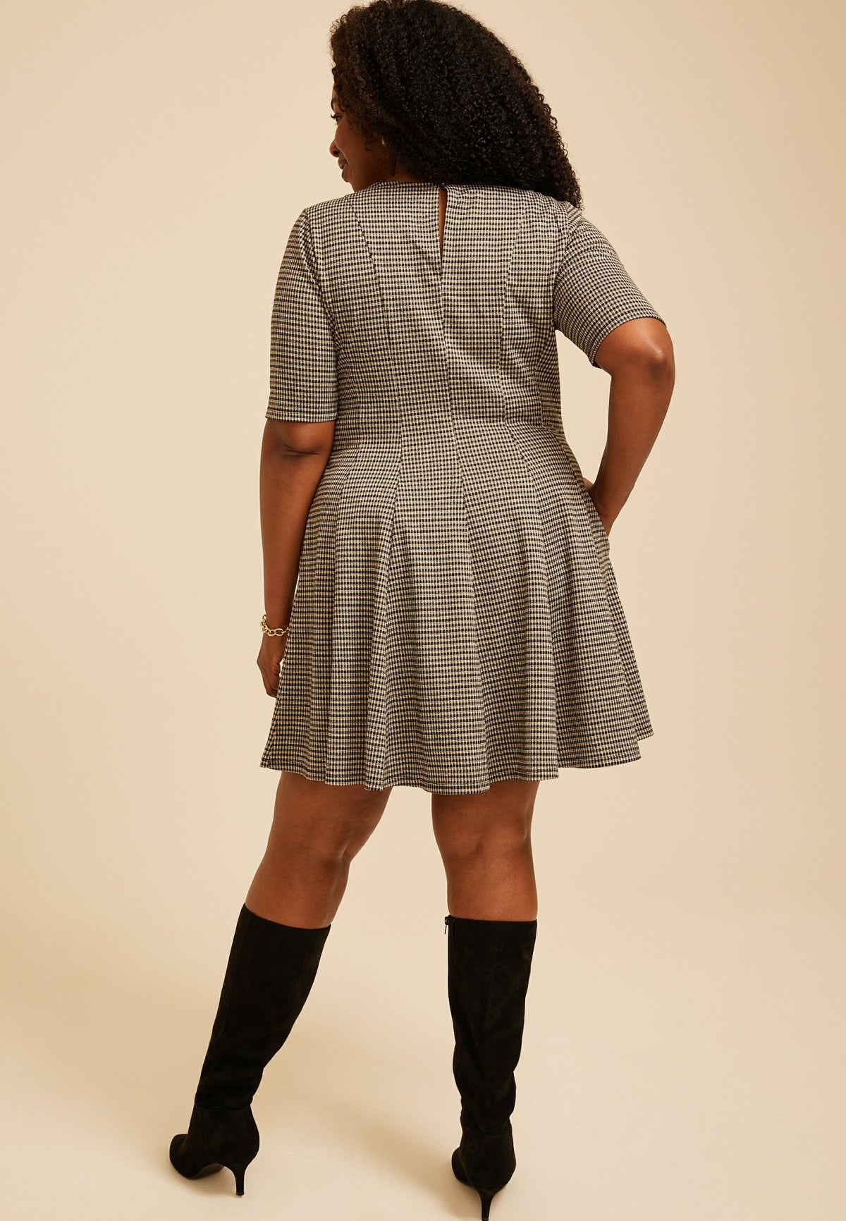 Plus Size Pleated Houndstooth Ponte Dress