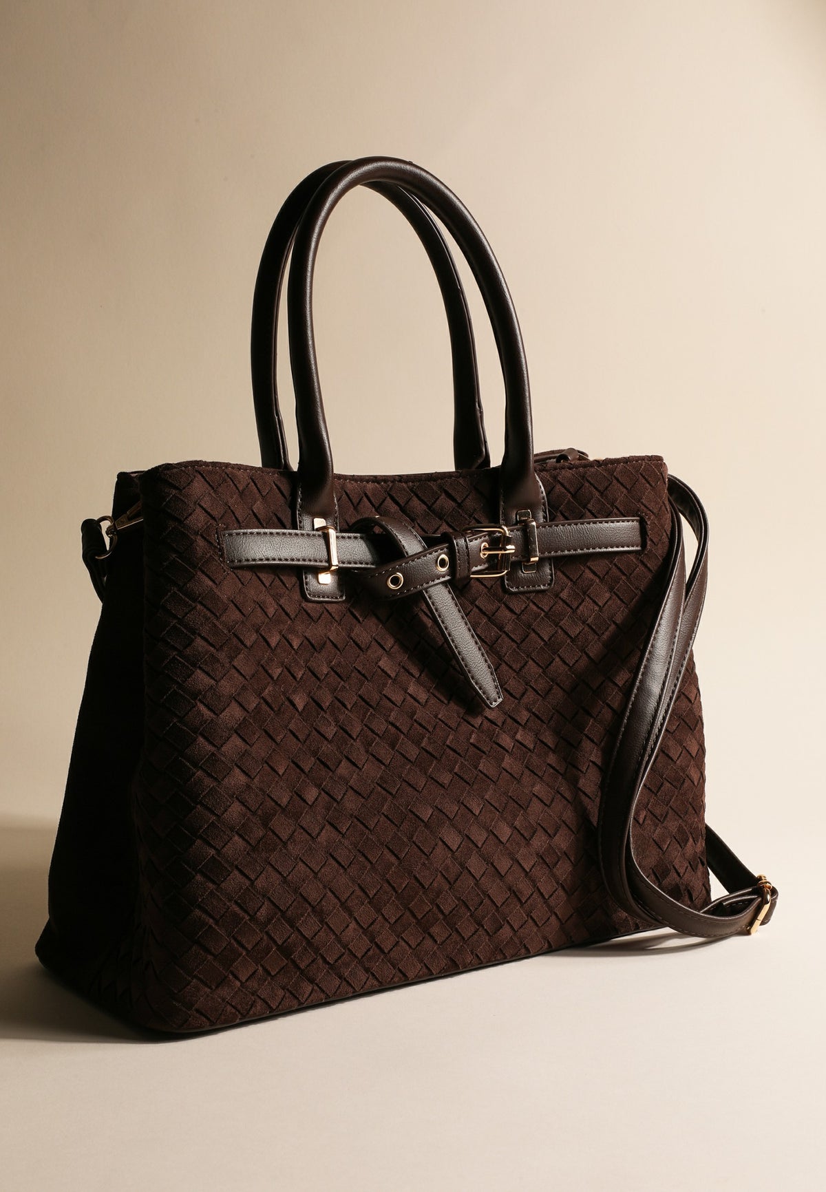 Brown Woven Faux Suede Crossbody Bag
