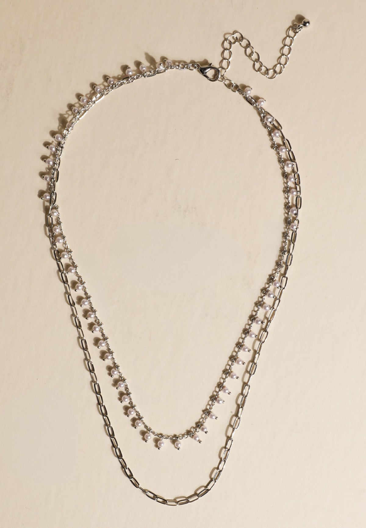 Silver Pearl Layered Chain Necklace