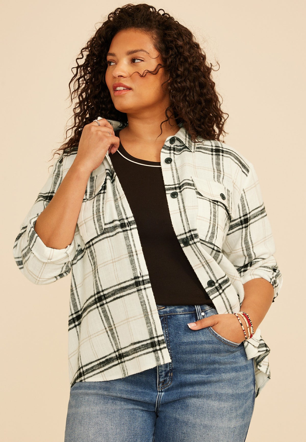 Plus Size Plaid Utility Button Down Shirt