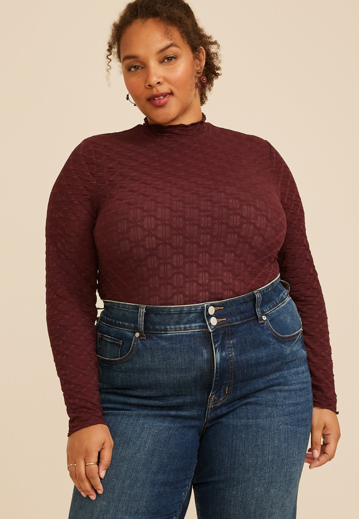 Plus Size Textured Mesh Mock Neck Top