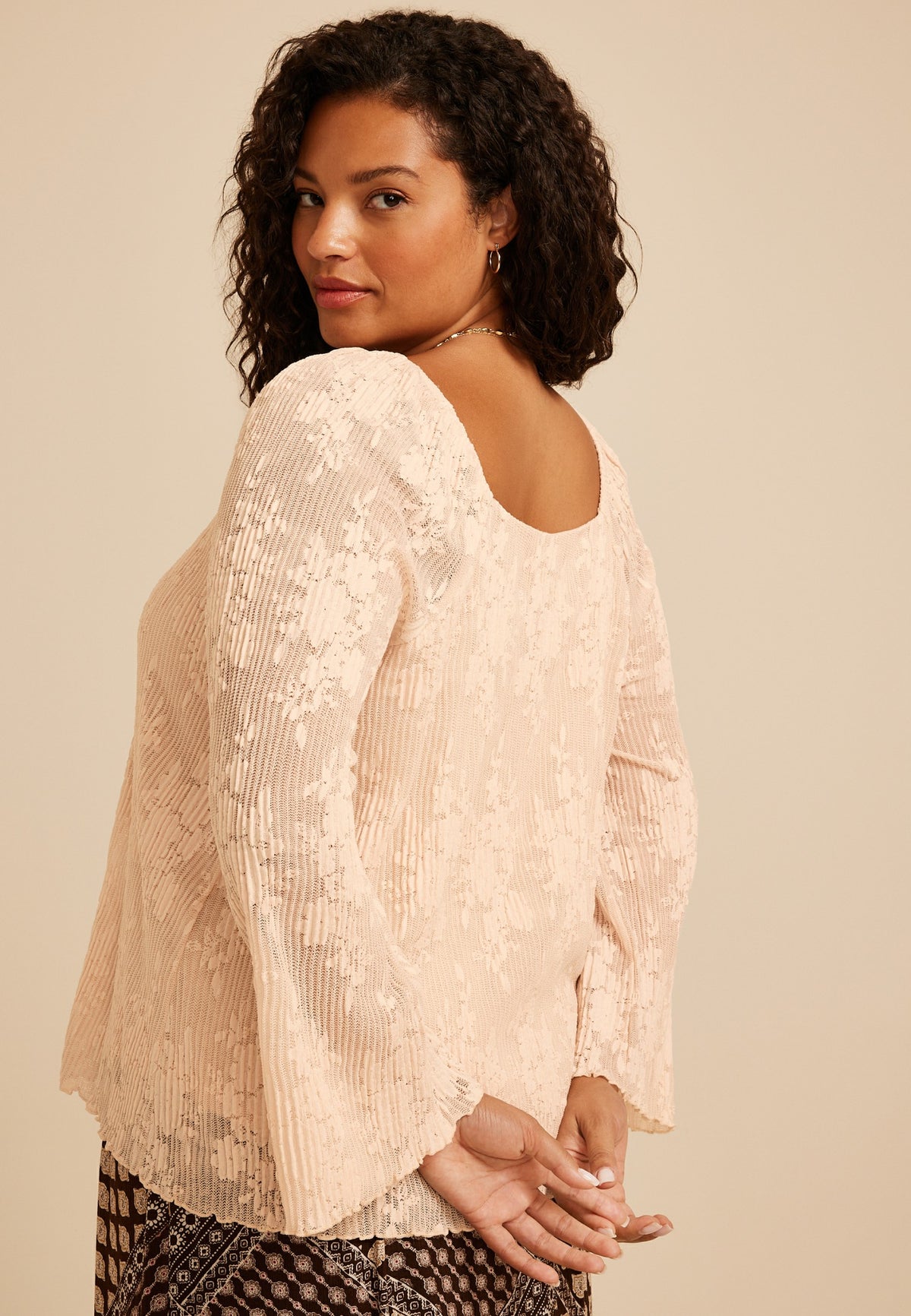 Plus Size Pleated Lace Square Neck Blouse