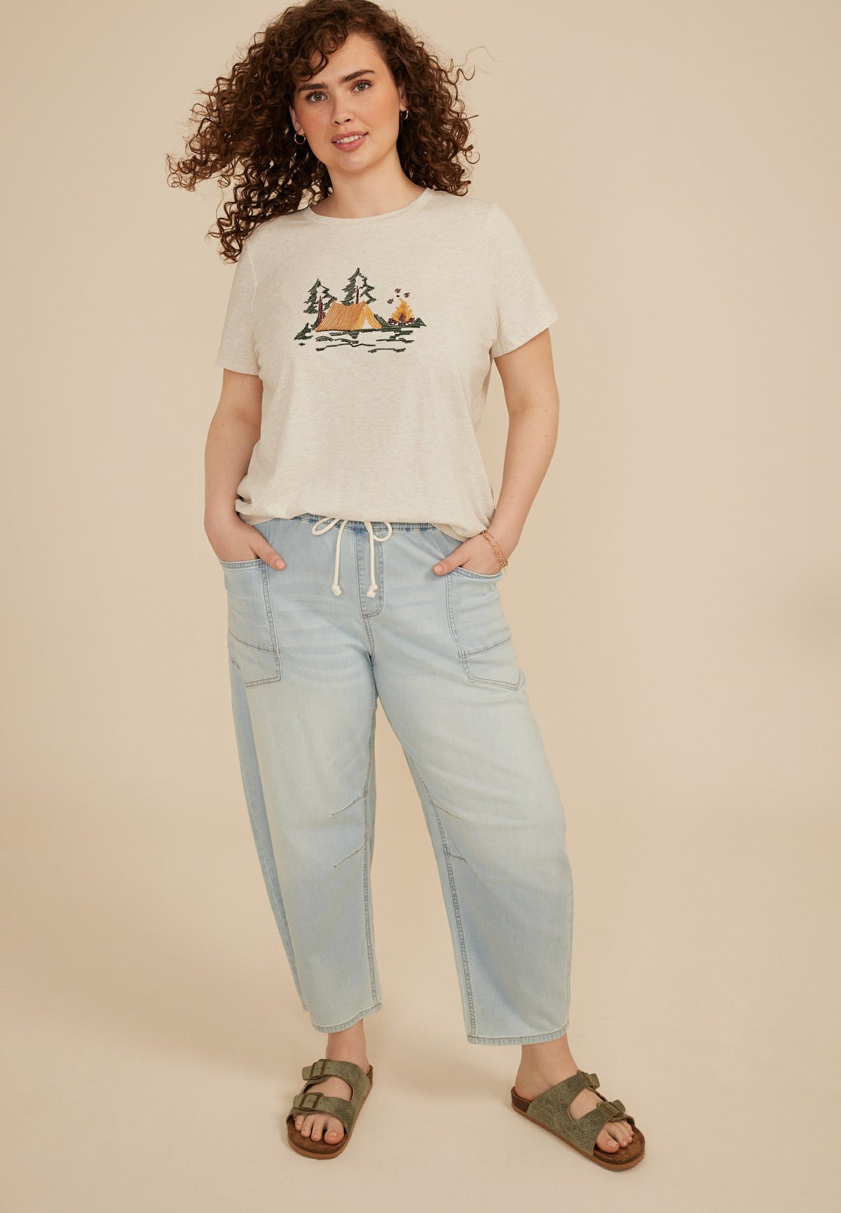 Plus Size Embroidered Camp Scene Classic Fit Graphic Tee