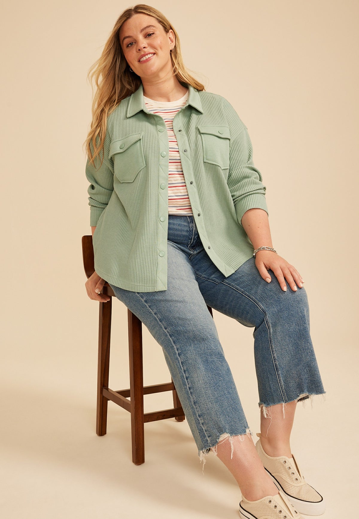 Plus Size Waffle Snap Button Shacket