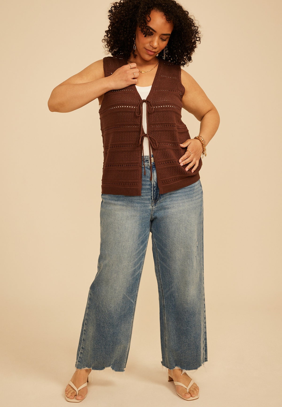 Plus Size Textured Stripe Tie Front Vest