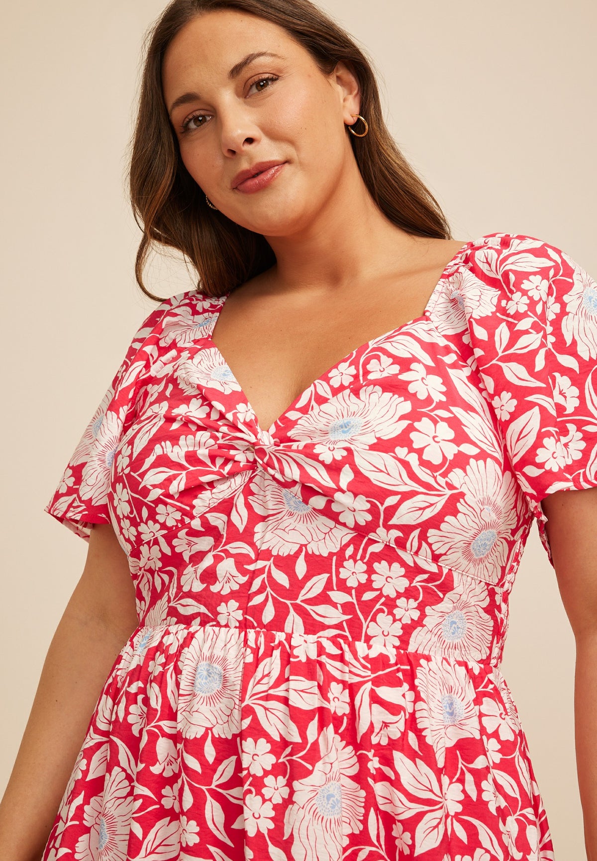 Plus Size Floral Twist Front Flutter Sleeve Midi Dress