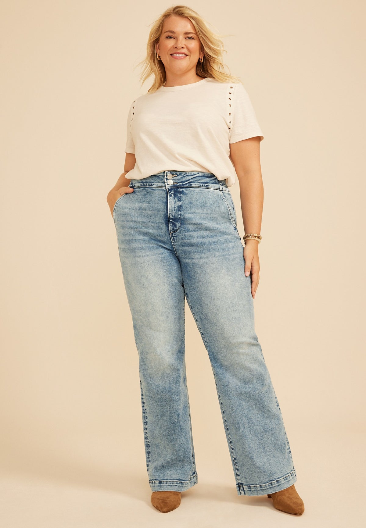 Plus Size Risen Jeans® High Rise Tummy Control Panel Double Button Trouser Bootcut Jean