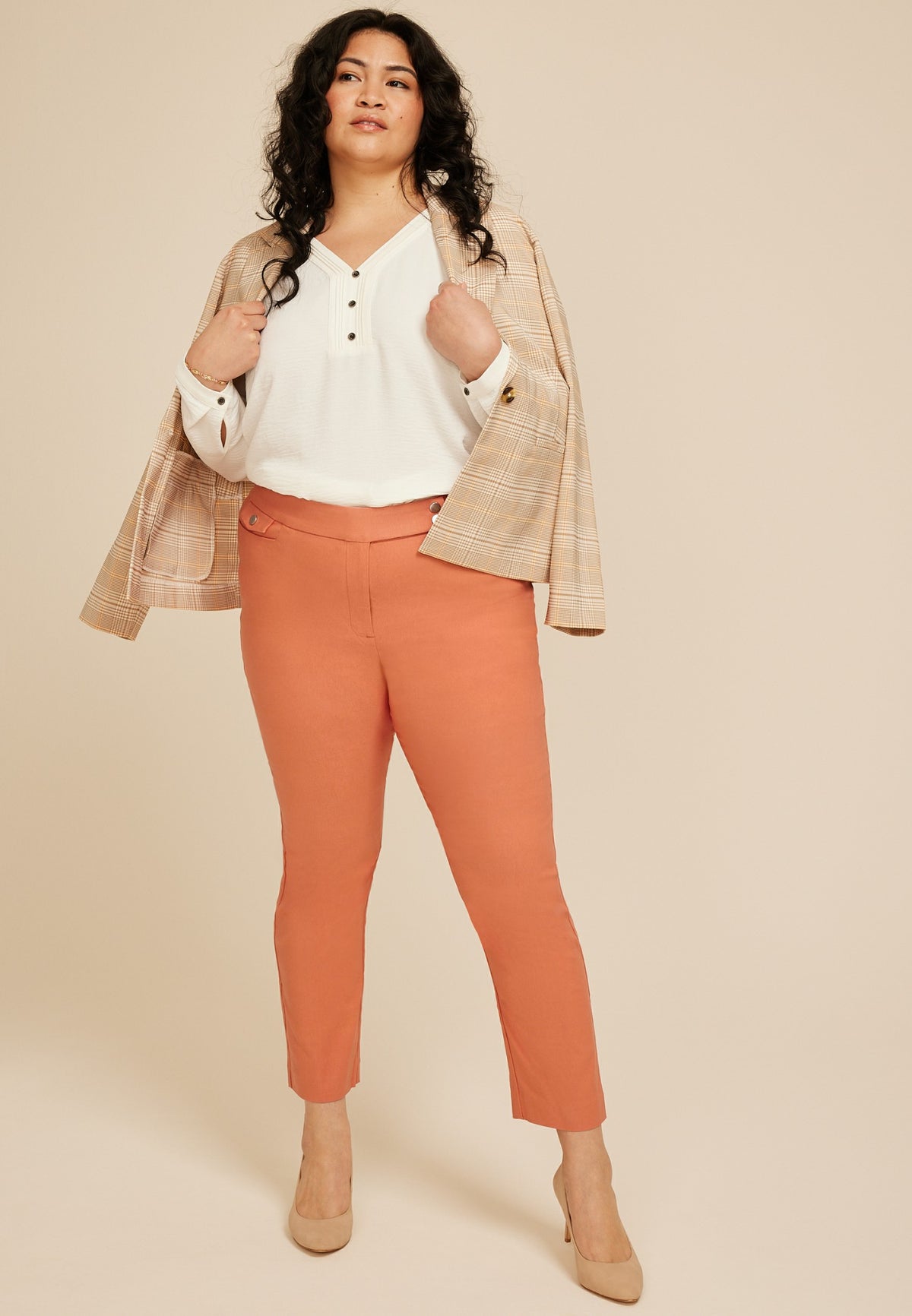 Plus Size Bengaline High Rise Sateen Tab Pocket Slim Straight Pant