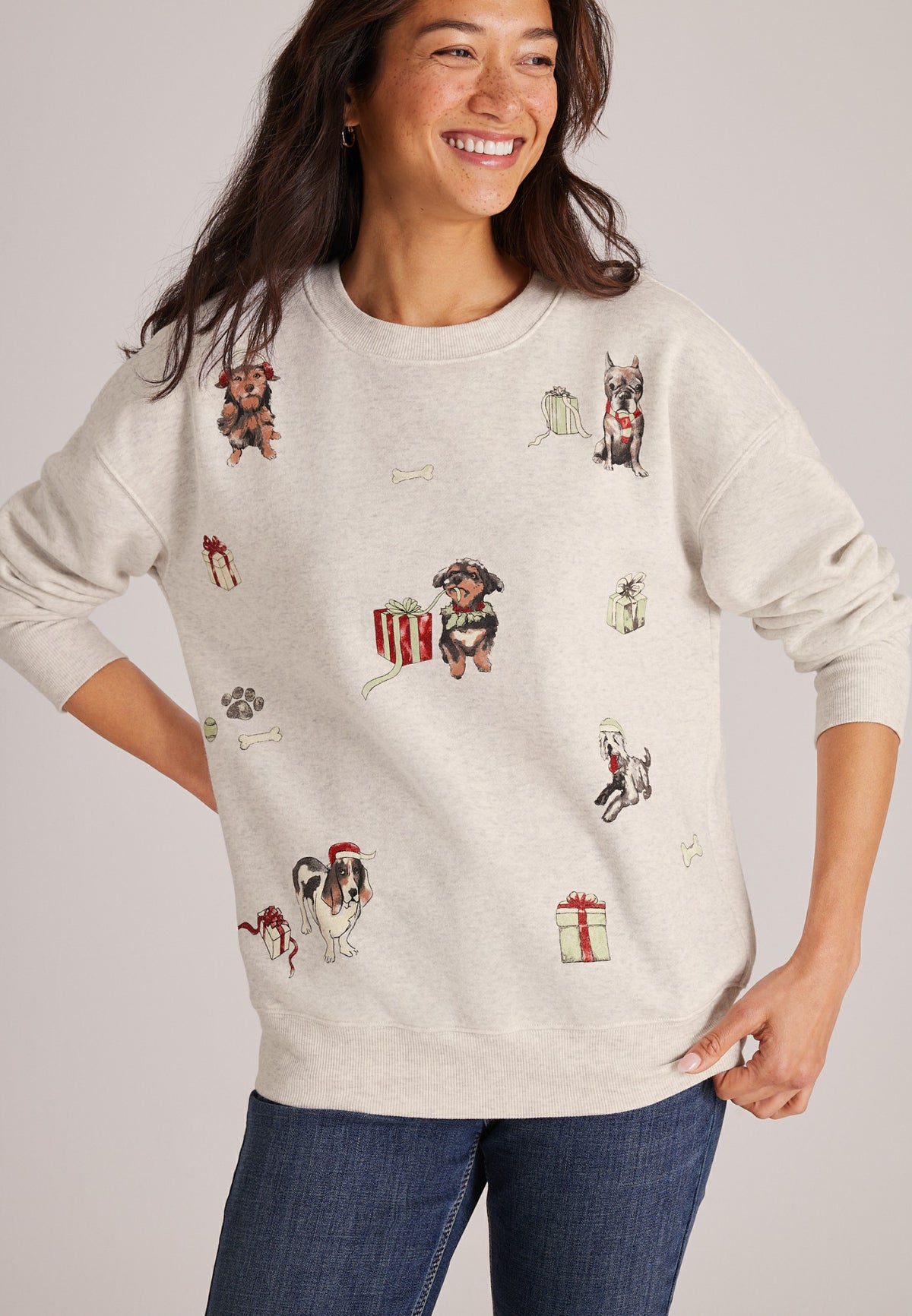 Scattered Holiday Dogs Graphic Sweatshirt