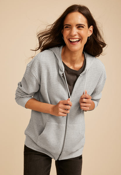Waffle Knit Zip Front Hoodie