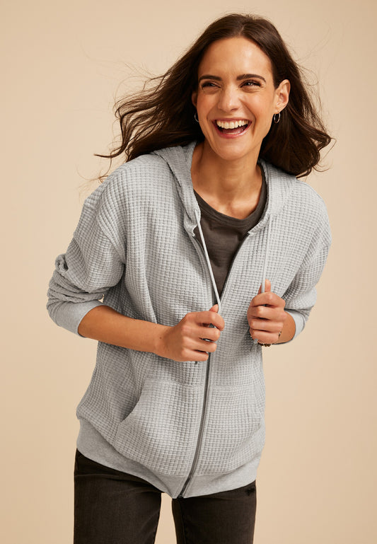 Waffle Knit Zip Front Hoodie