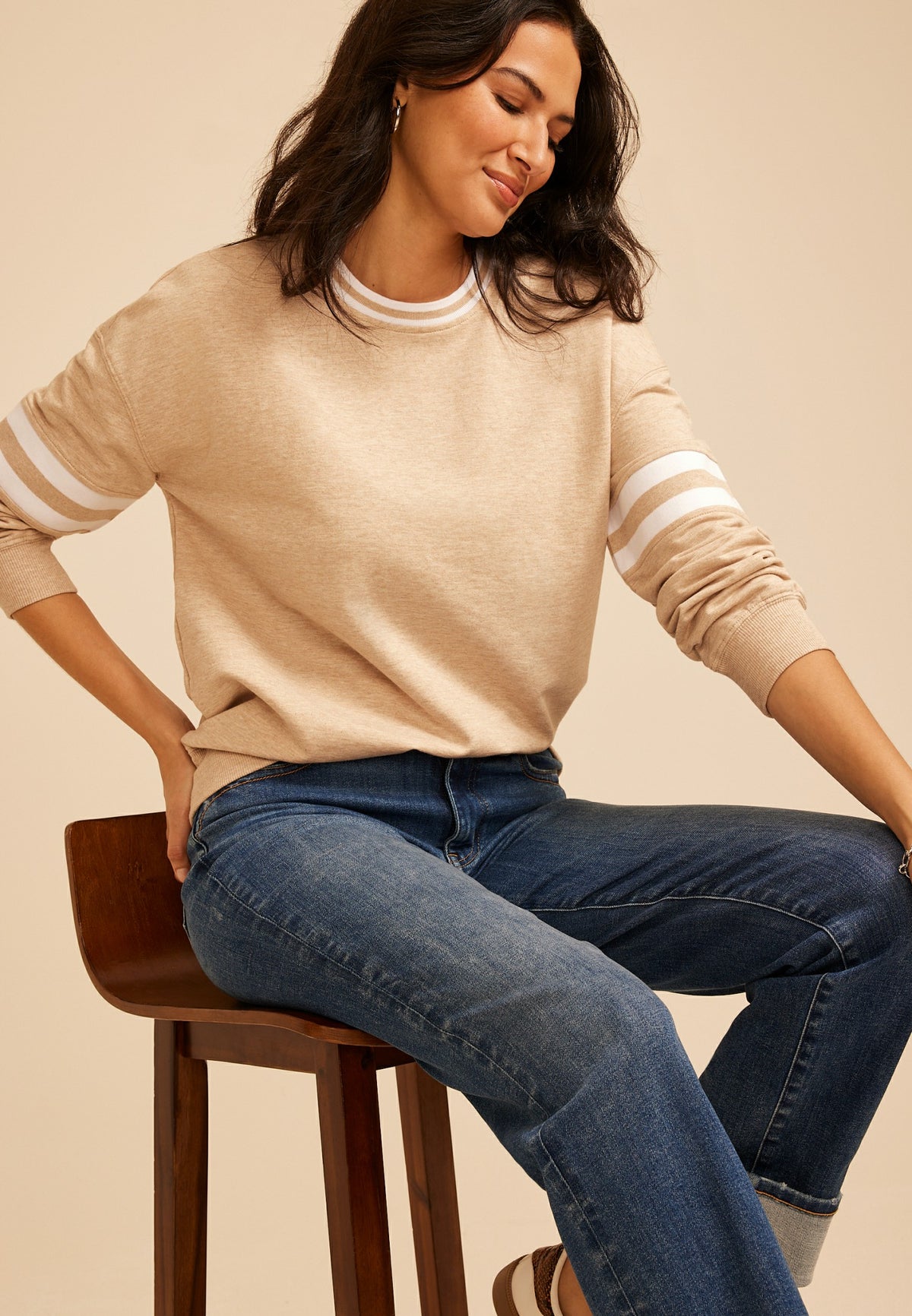 Heathered Varsity Stripe Crew Neck Sweatshirt