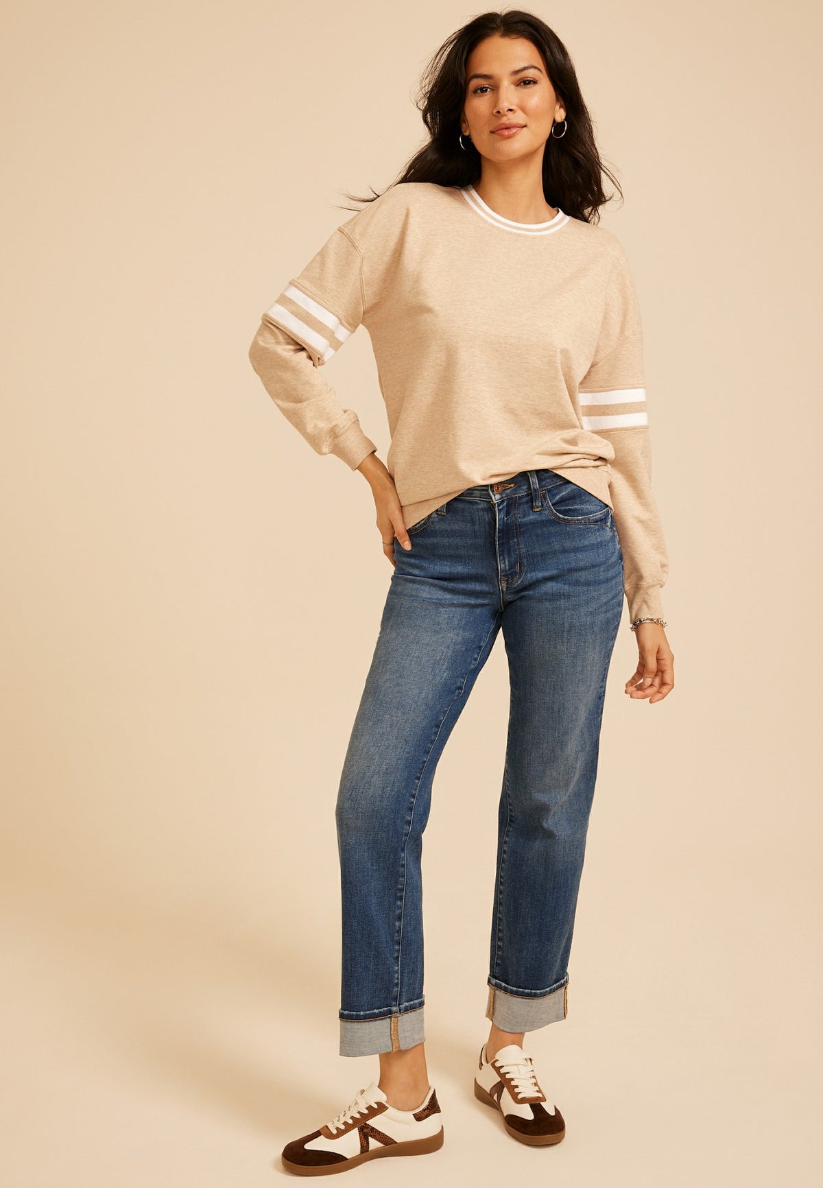 Heathered Varsity Stripe Crew Neck Sweatshirt