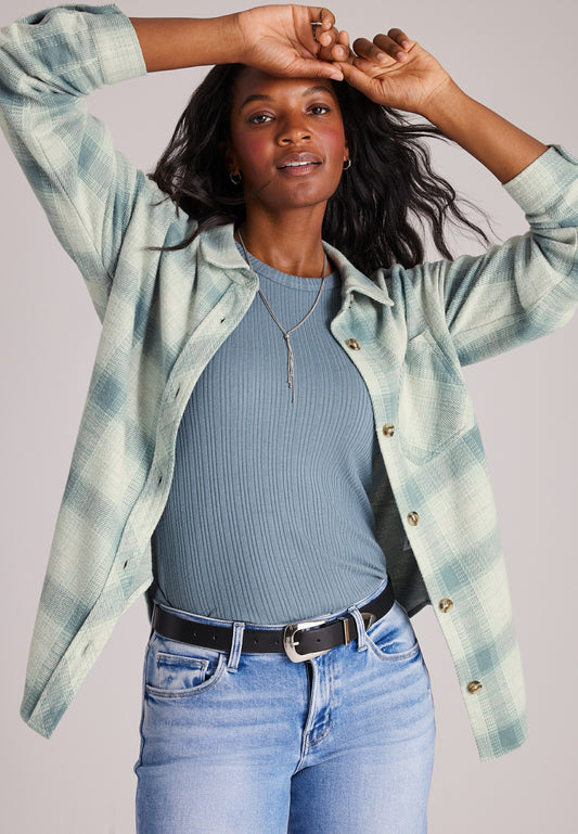 Knit Jacquard Plaid Button Front Shirt