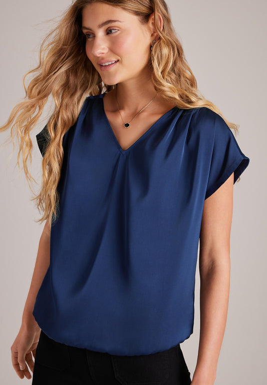 Satin Dolman Short Sleeve Blouse