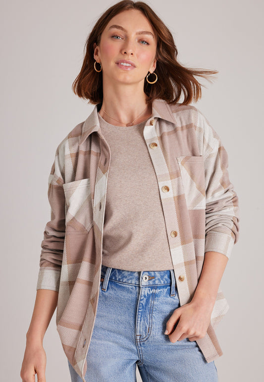 Knit Jacquard Plaid Button Front Shirt