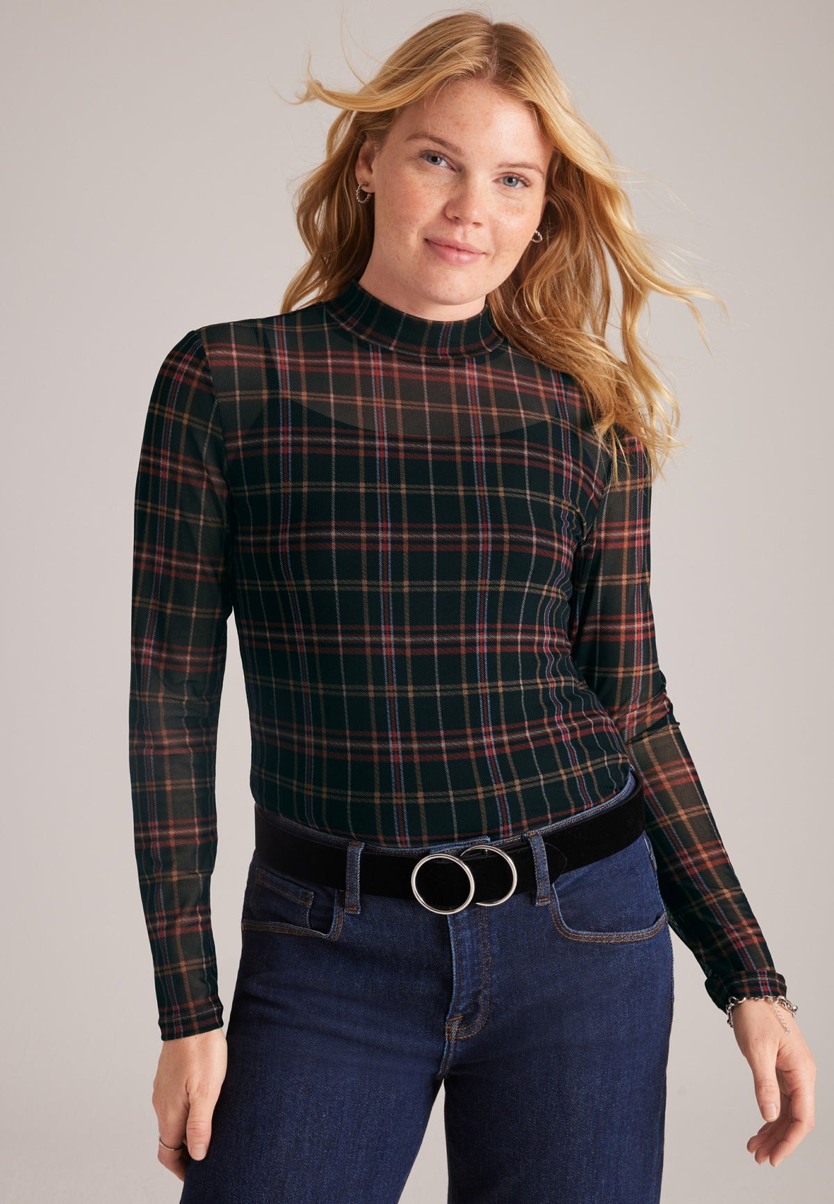 Plaid Sheer Mesh Mock Neck Top