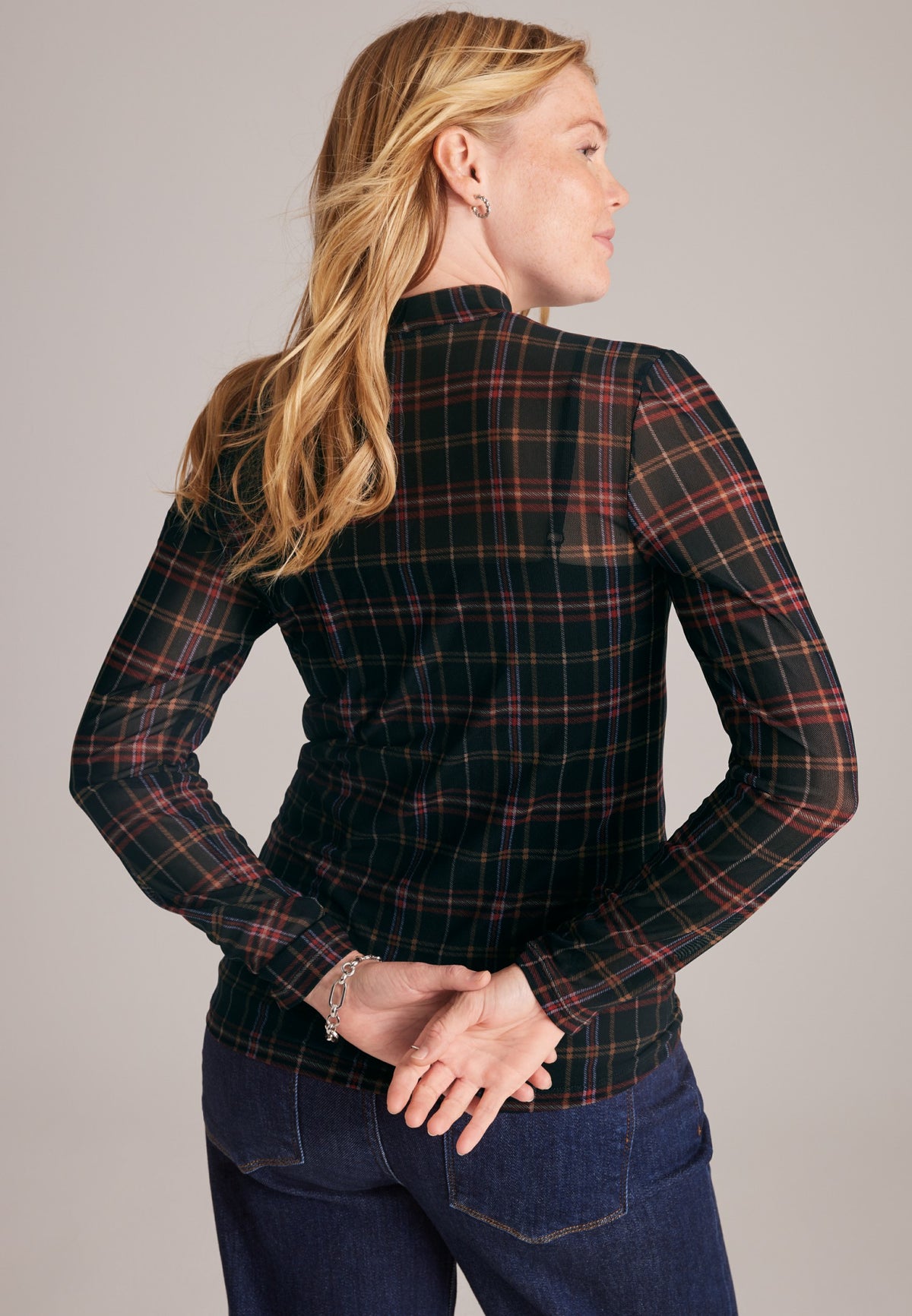 Plaid Sheer Mesh Mock Neck Top