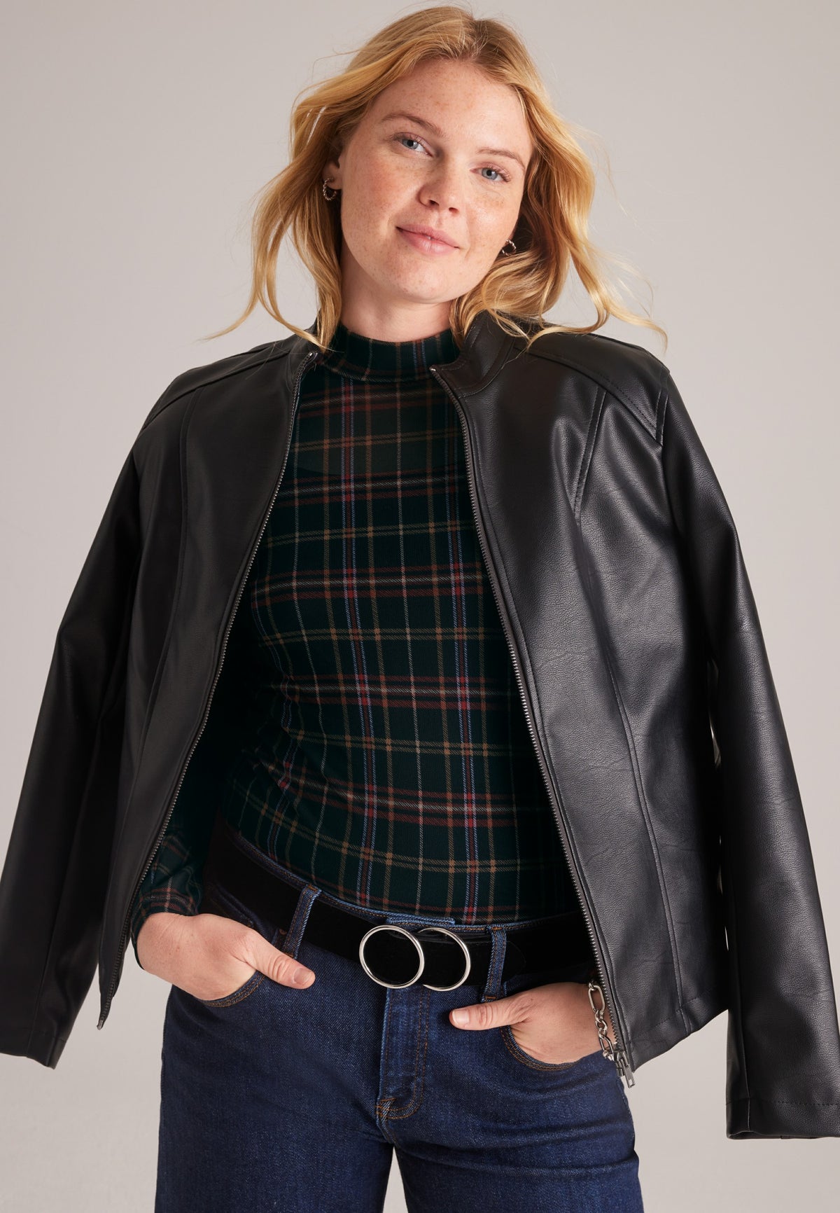 Plaid Sheer Mesh Mock Neck Top