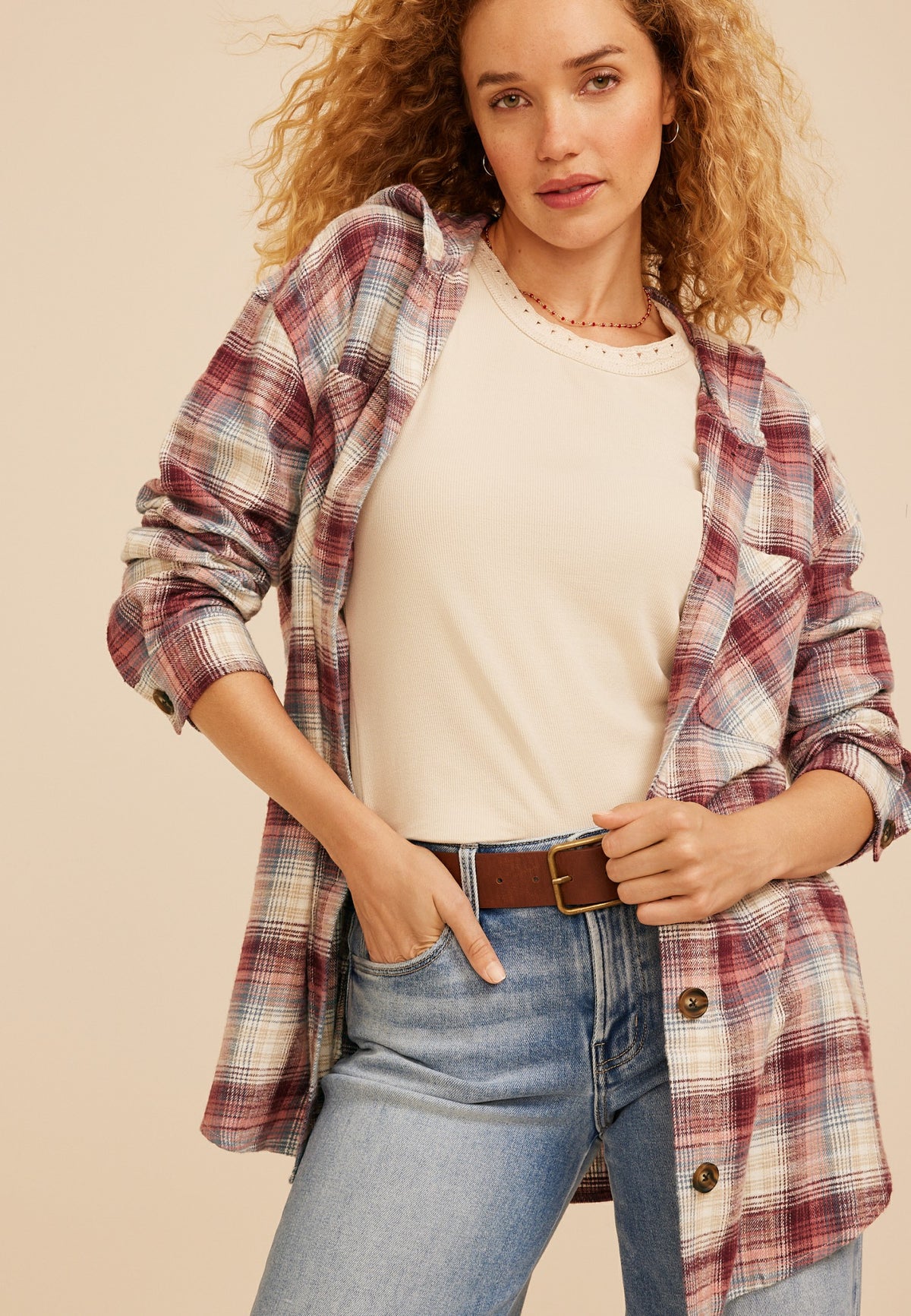 Hooded Cabin Plaid Button Front Shirt