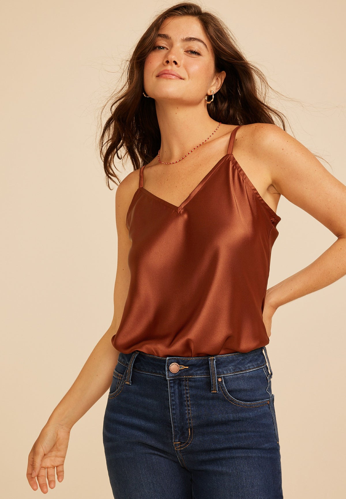 Satin V Neck Cami Tank Top