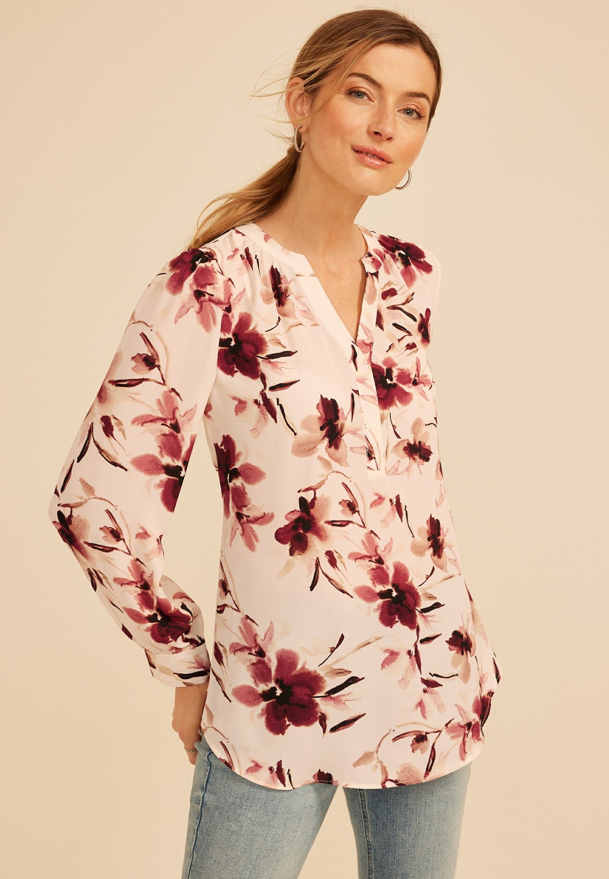 Floral Split V Neck Blouse
