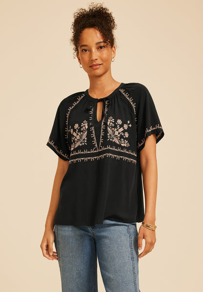 Embroidered Tie Front Peasant Top
