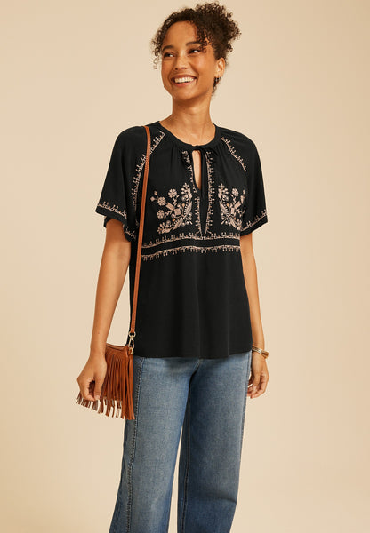 Embroidered Tie Front Peasant Top