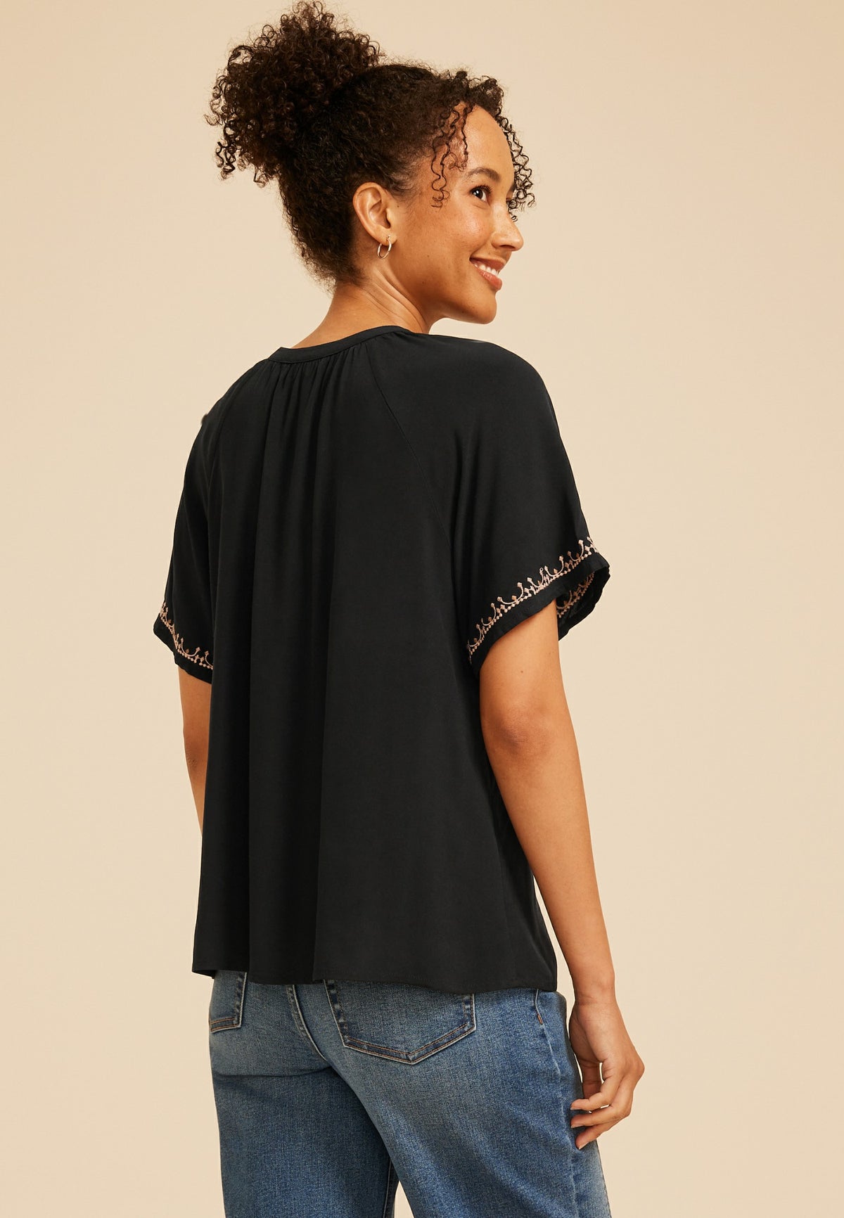 Embroidered Tie Front Peasant Top