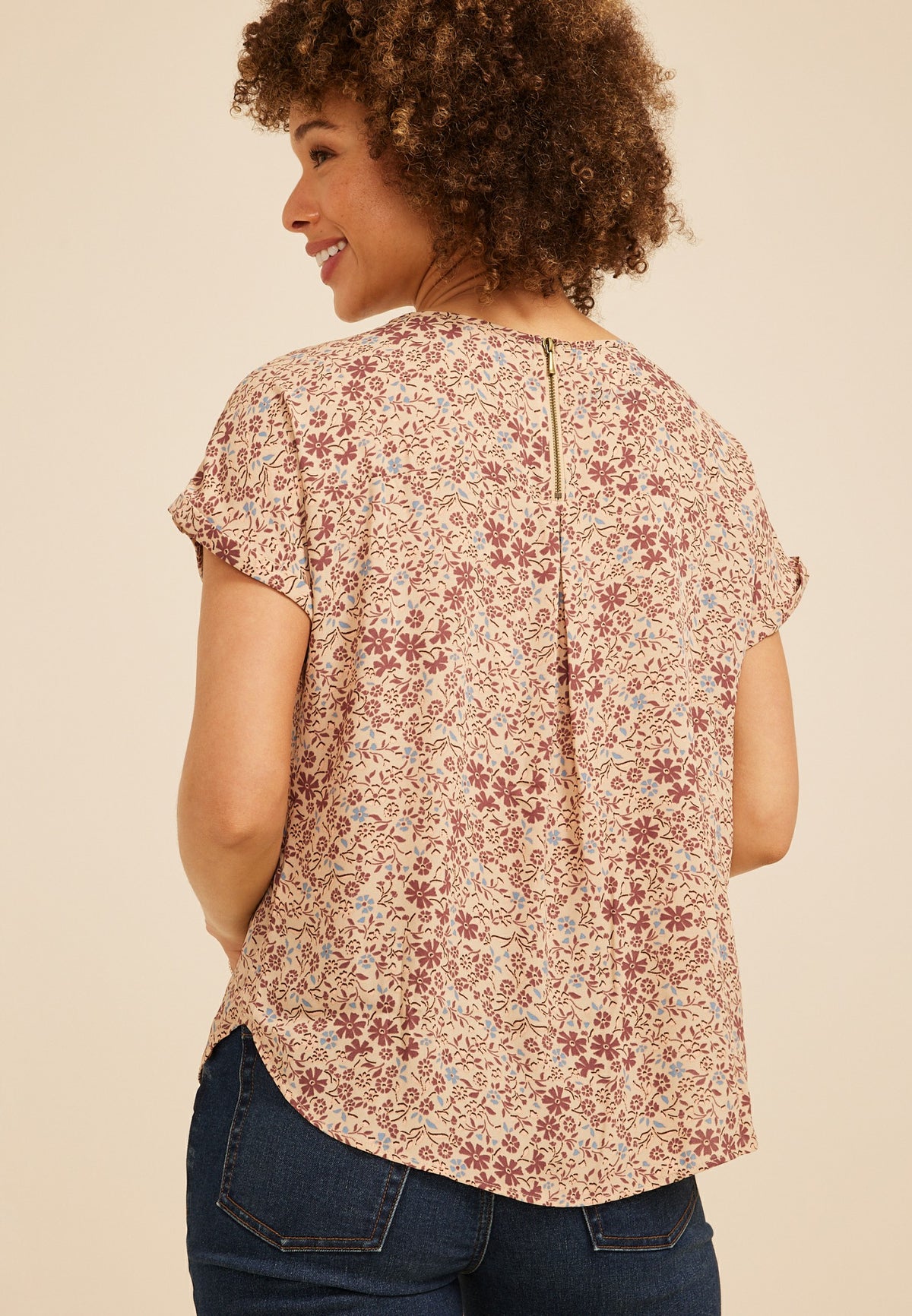 Delton Zipper Back Ditsy Floral Blouse