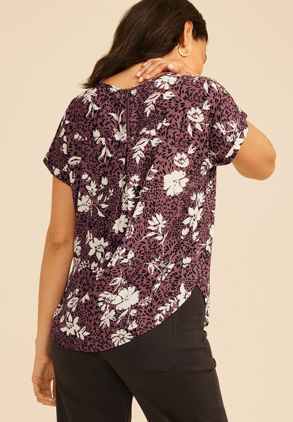 Delton Zipper Back Animal Floral Print Blouse