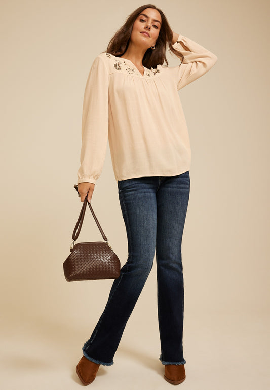 Studio Y Embroidered Beaded Peasant Blouse