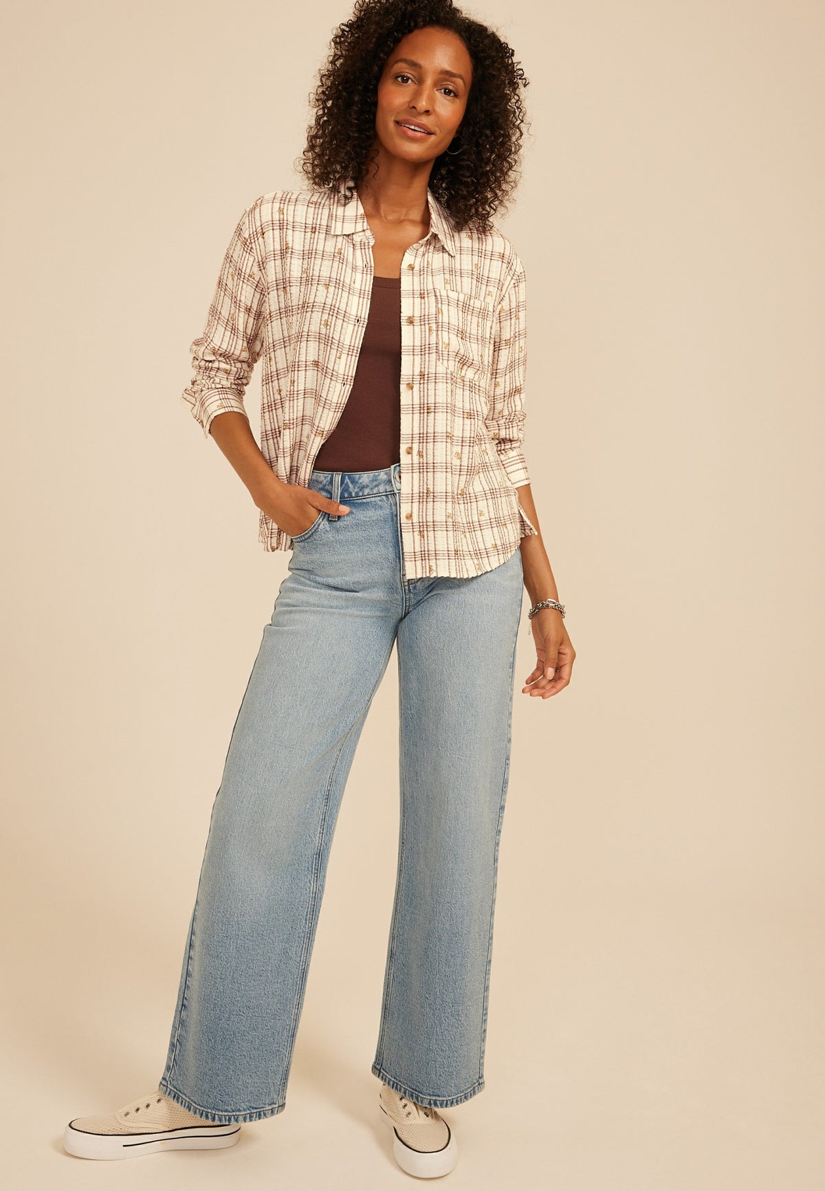 Pucker Plaid Floral Button Down Shirt