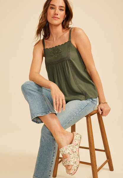 Embroidered Yoke Tank Top