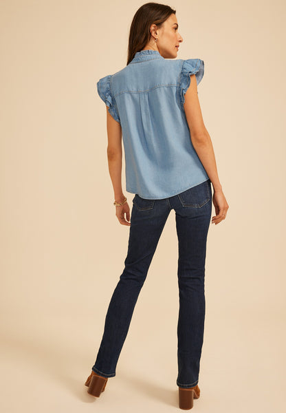 Ruffle Trim Denim Button Front Shirt